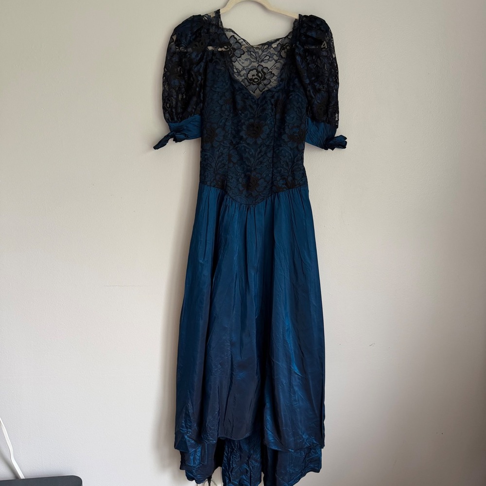 Vintage Alfred Angelo 80s Lace Taffeta Gown Blue Black Bow Union Made Prom Dress